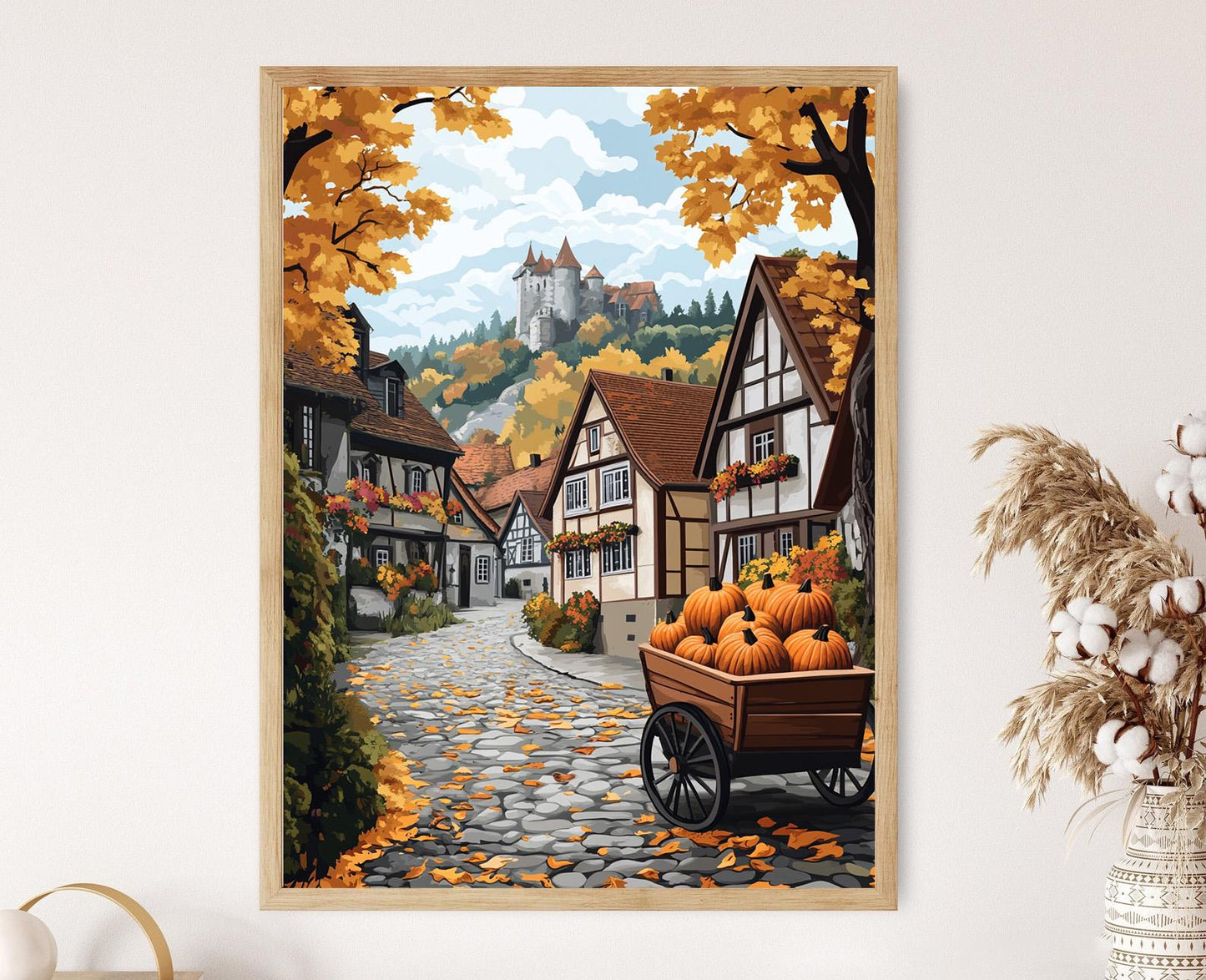 Affiche Village Bavarois – Poster Illustration Automnale de Maisons en Bois