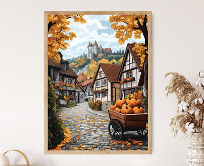 Affiche Village Bavarois – Poster Illustration Automnale de Maisons en Bois