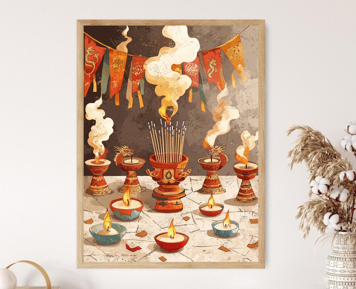 Affiche Dragon Tibétain – Illustration d'Encens en Bois Artisanale