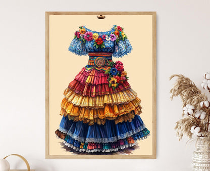 Affiche Bomba Portoricaine – Illustration de Robe et Coiffe Traditionnelle