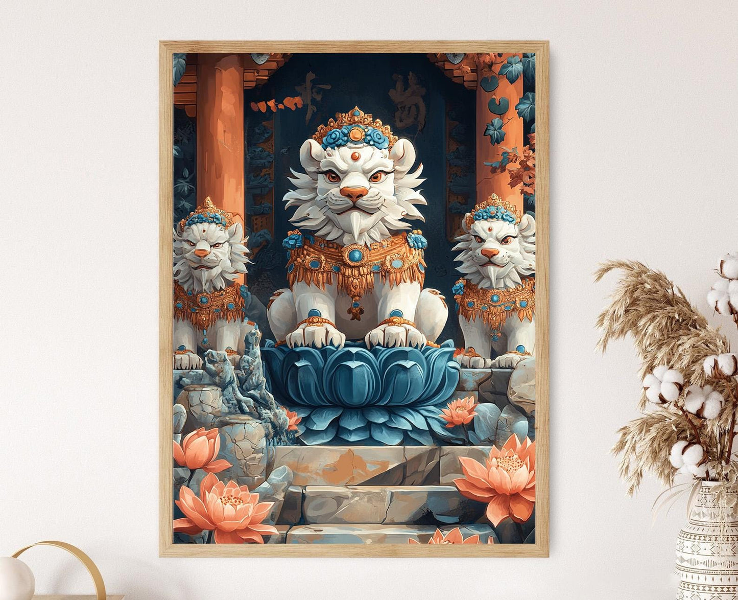 Affiche Lion des Neiges Tibétain – Illustration en Bois Folklorique