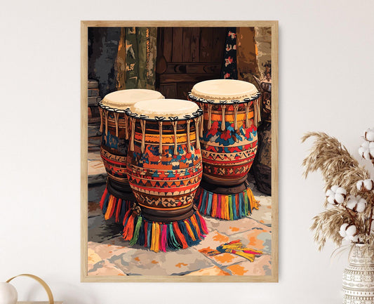 Affiche Art Populaire Népalais – Illustration de Tambour en Bois