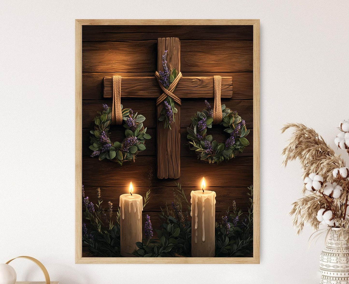 Affiche Couronne Rustique – Illustration Art Print en Bois Chrétien