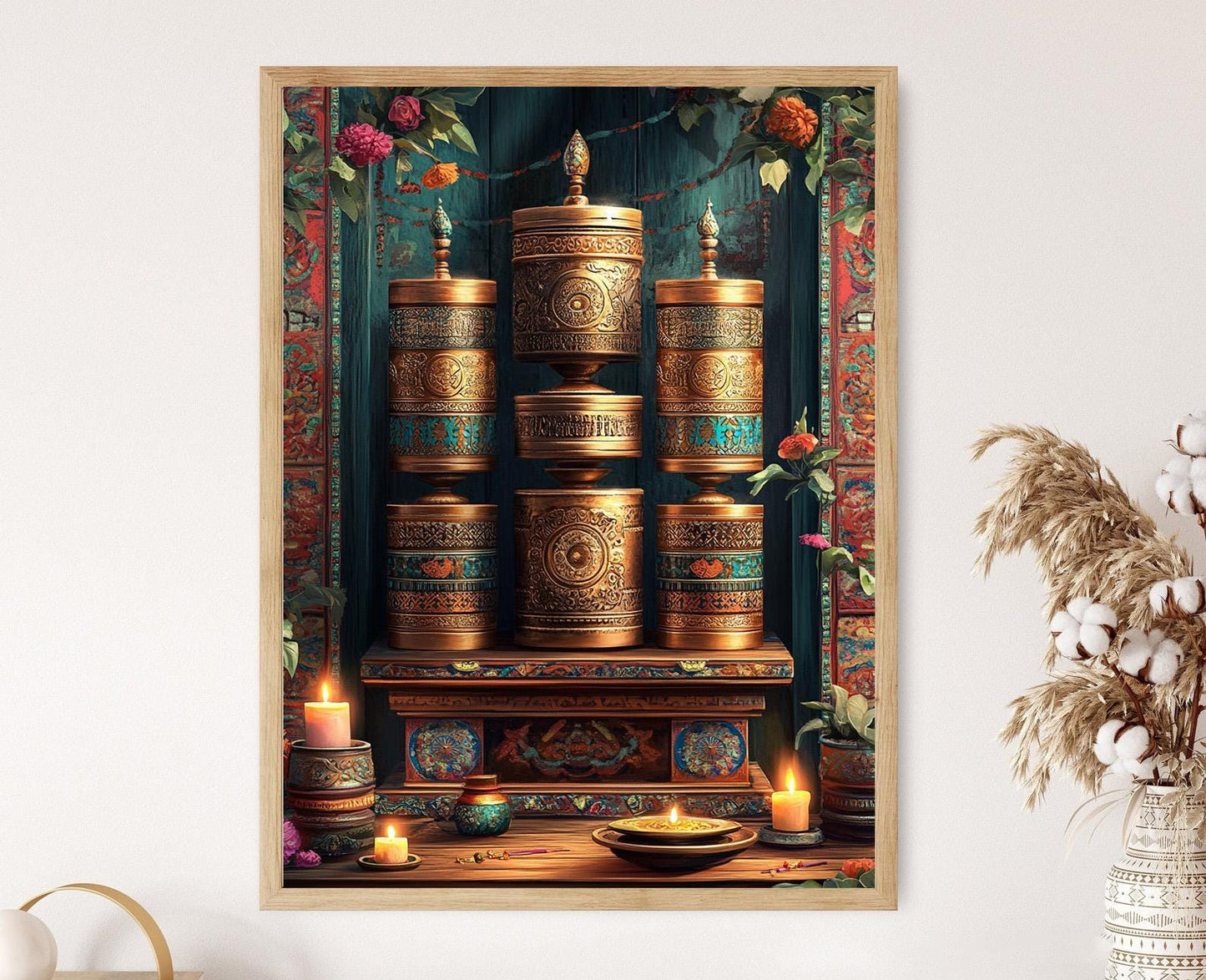 Affiche Roue de Prière Tibétaine – Illustration Art Folklorique en Laiton