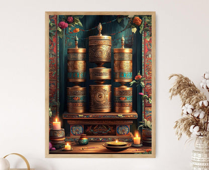 Affiche Roue de Prière Tibétaine – Illustration Art Folklorique en Laiton