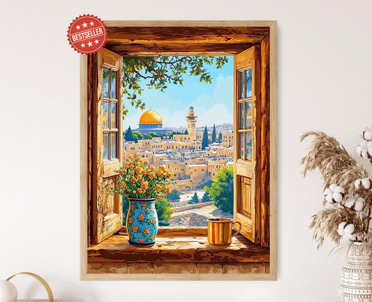 Affiche Jérusalem – Impression Art de Fenêtre en Bois avec Motifs Palestiniens