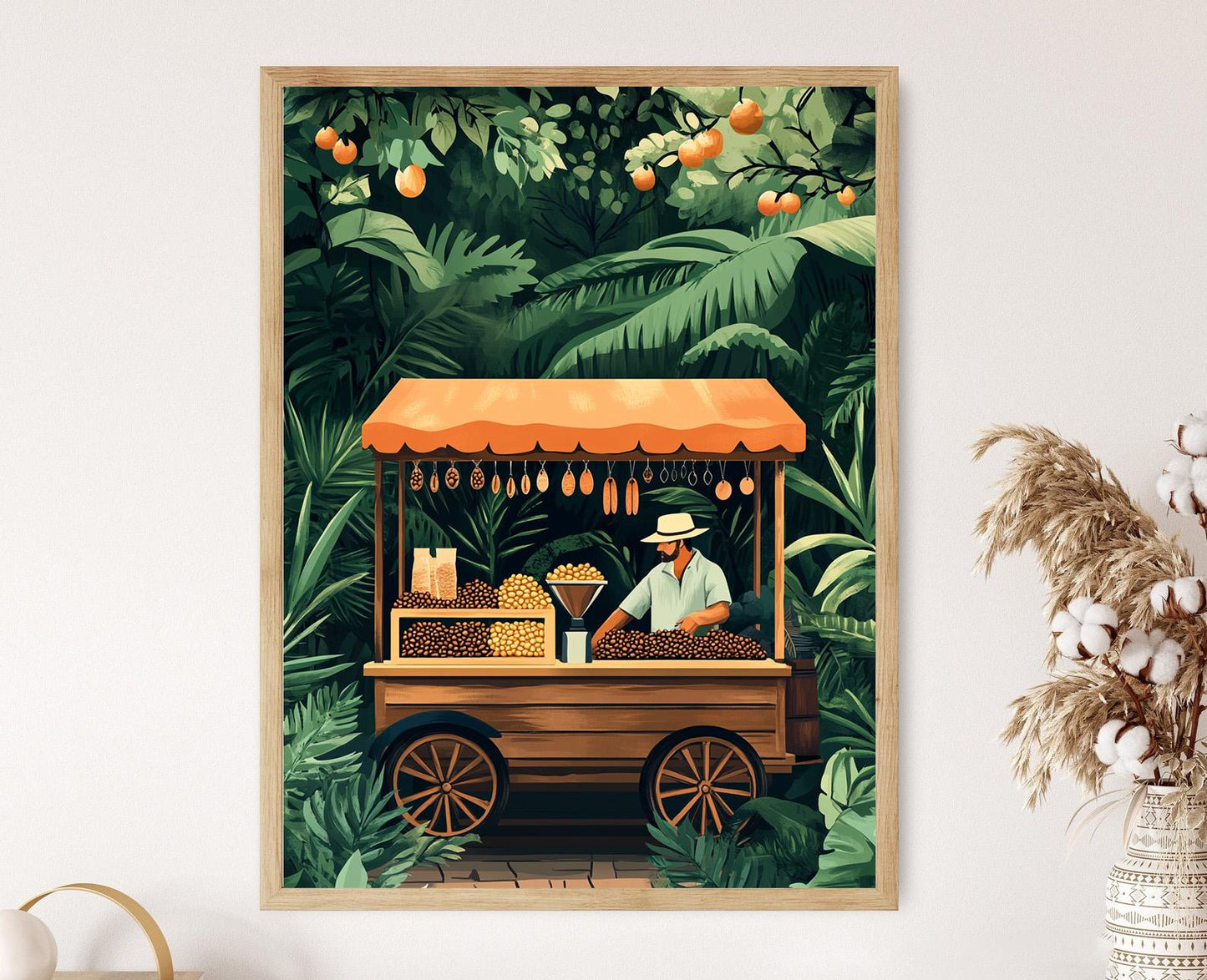 Affiche San José – Illustration de marchand ambulant, café et bijoux