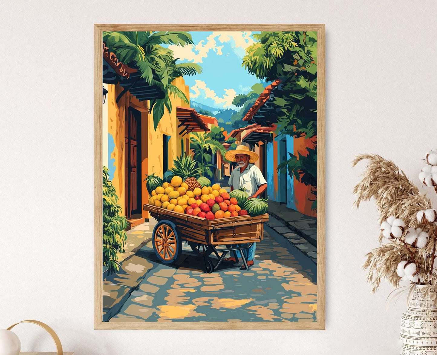 Affiche Tegucigalpa – Illustration d'un vendeur de rue et fruits tropicaux