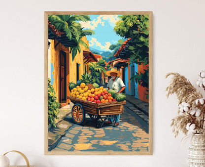 Affiche Tegucigalpa – Illustration d'un vendeur de rue et fruits tropicaux