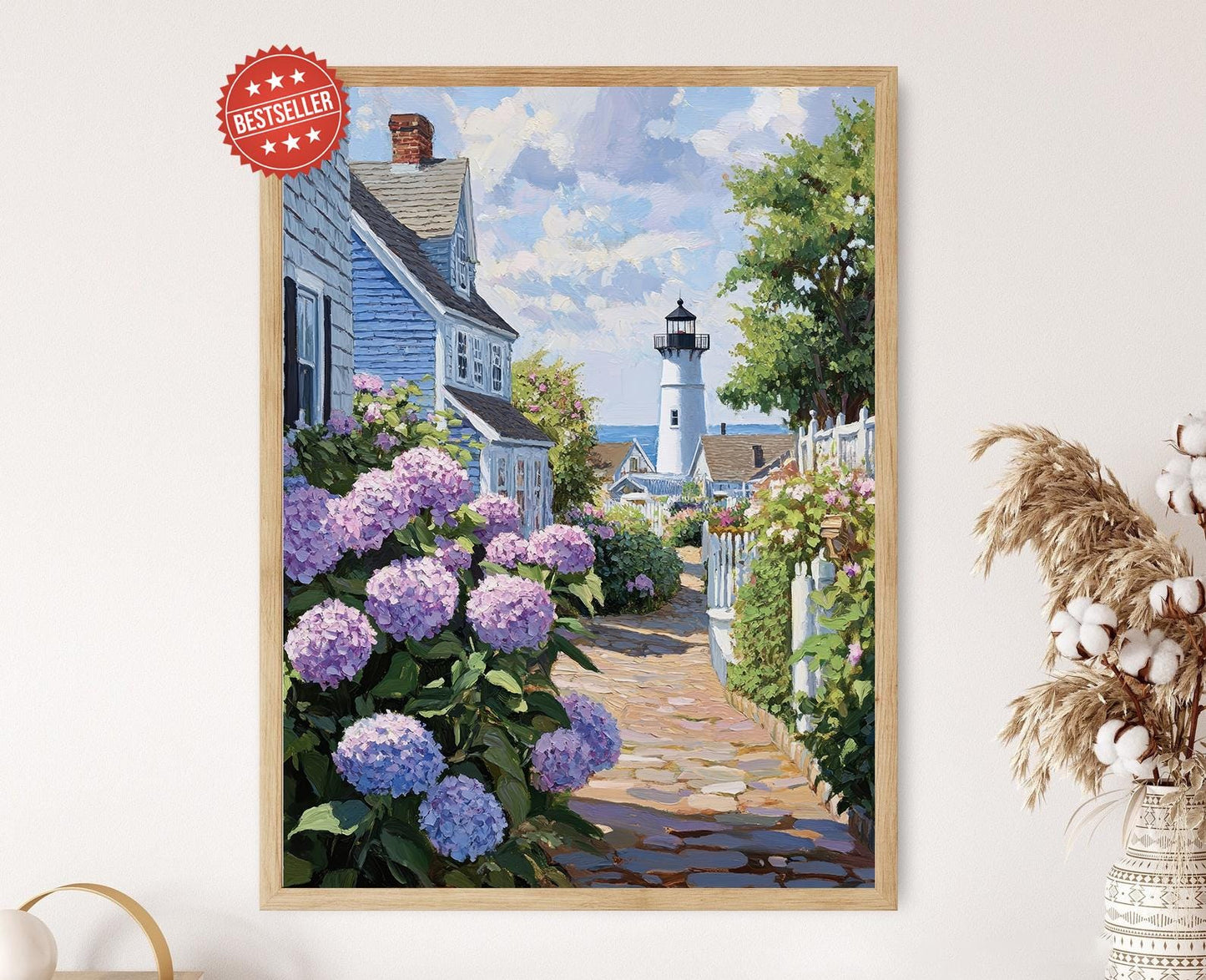Affiche Nantucket – Impression d'art phare et hortensias