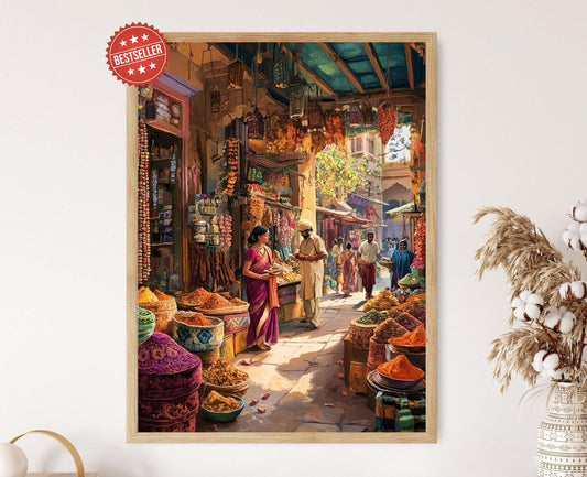 Affiche Marché Épices Indien – Impression Giclée Sari et Mehndi