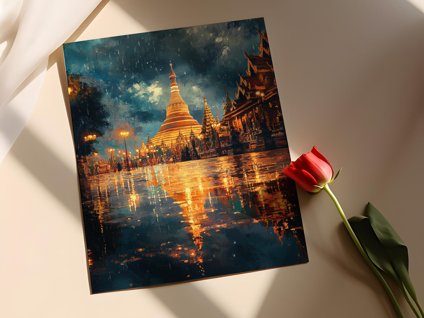 Affiche Réflexion de la Pagode de Yangon – Poster Art Sacré de Myanmar