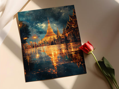 Affiche Réflexion de la Pagode de Yangon – Poster Art Sacré de Myanmar