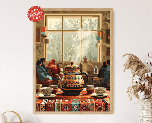 Affiche Cérémonie du Thé Afghan – Poster Kilim & Samovar Élegant