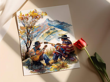 Affiche Art Populaire Bolivien – Clipart Aquarelle Musiciens Andins