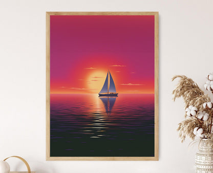 Affiche Voilier au Coucher de Soleil – Décor Mural Rétro Côtier