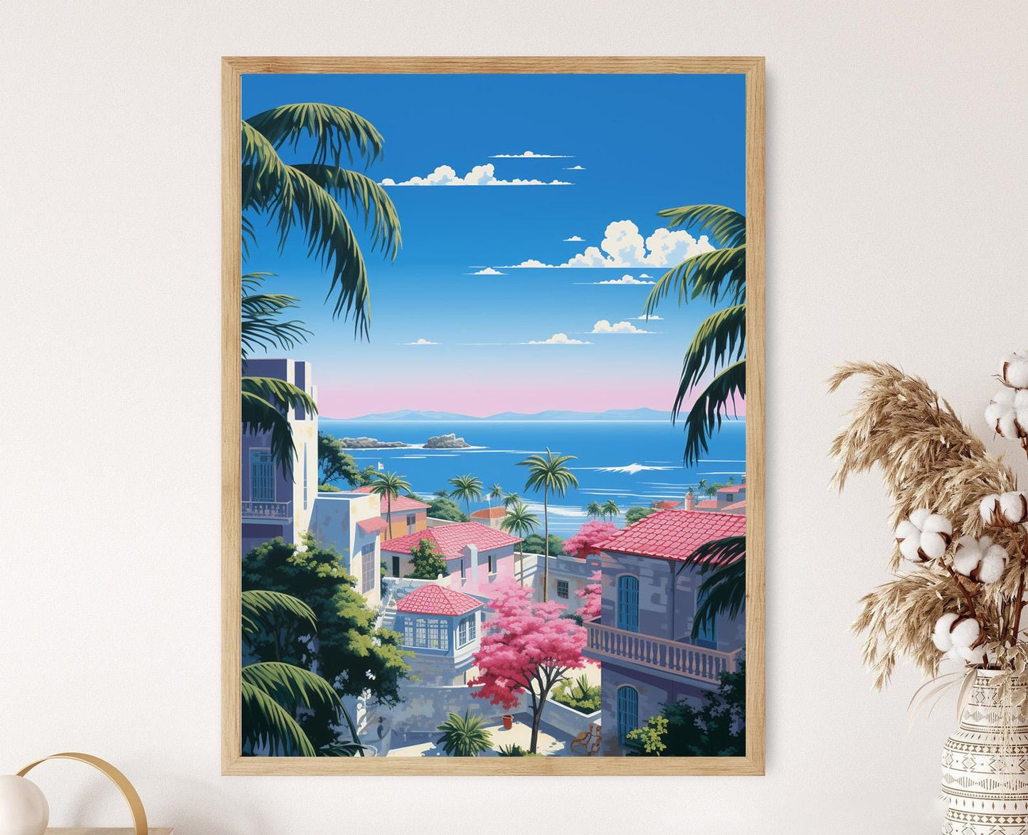 Affiche Cuba – Poster Art de Ville Côtière : Palmiers au Couché de Soleil