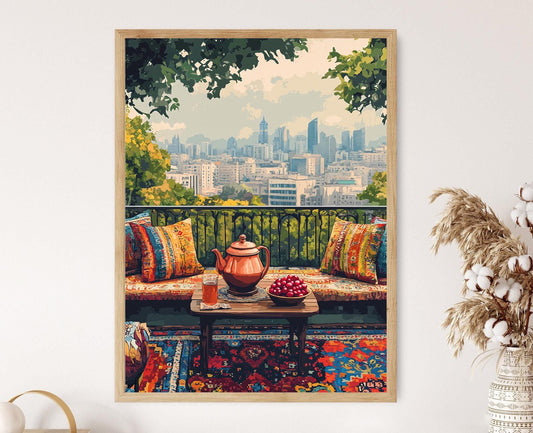 Affiche Baku – Poster Art avec Samovar en Cuivre et Vue au Coucher de Soleil