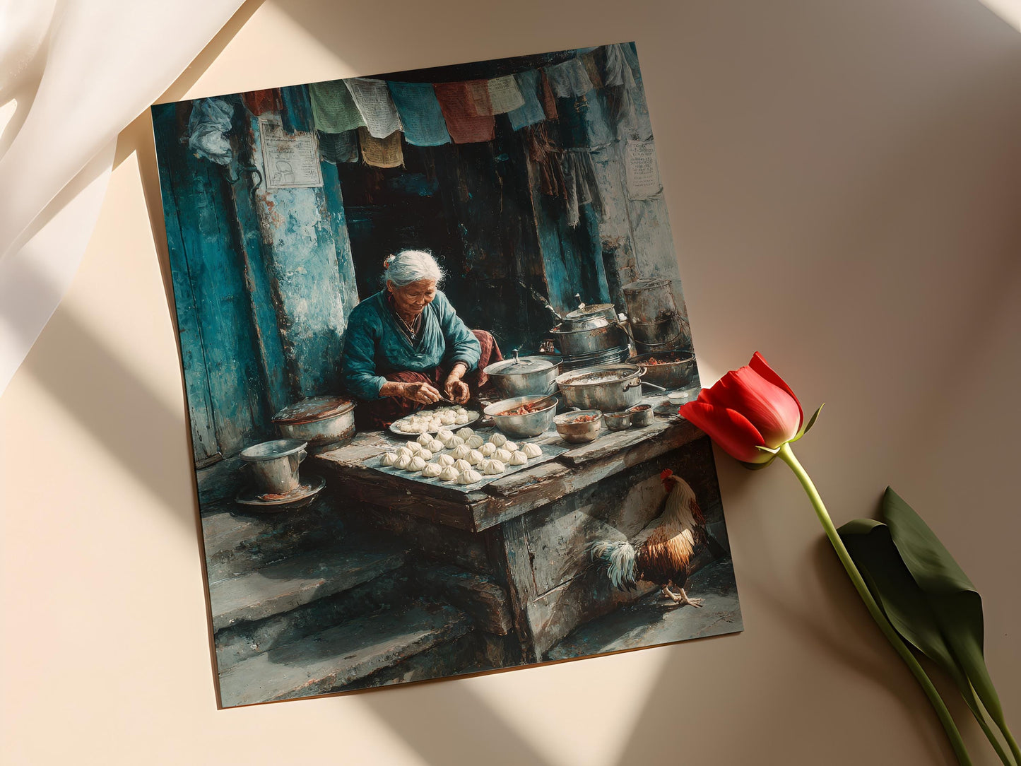 Affiche Momo Népalais – Poster Table de Grand-mère et Drapeau de Prière