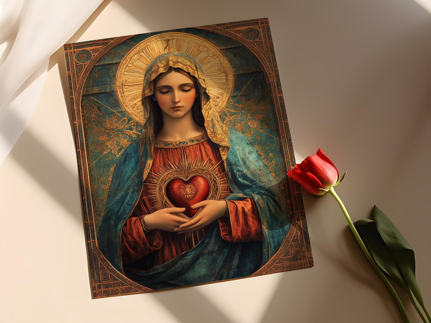 Affiche Sacré-Cœur de Marie – Poster Vierge en Feuille d'Or Catholique