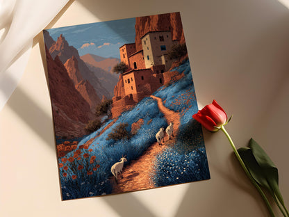 Affiche Troupeau de Chèvres de l'Atlas Marocain – Art des Maisons en Argile et Fleurs du Désert