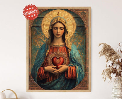 Affiche Cœur Immaculé de Marie – Poster Vierge en Or pour Décor Catholique