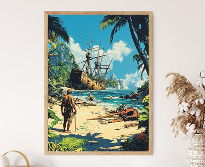 Affiche Aventure Robinson Crusoé – Poster Scène Île Déserte Élégante