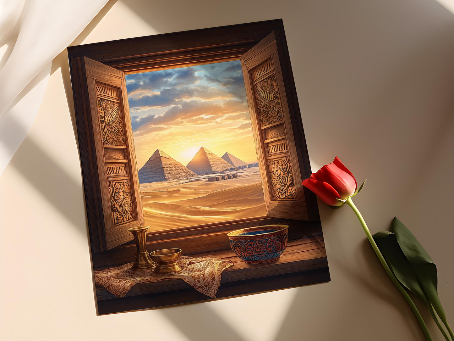Affiche Giza – Illustration de fenêtre avec pyramide et mashrabiya égyptienne