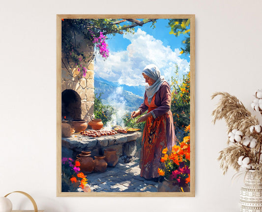 Affiche Femme Iranienne Cuisinant des Kebabs – Héritage Culinaire Perse