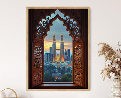 Affiche Kuala Lumpur – Impression Art : Fenêtre Islamique, Skyline des Tours Petronas