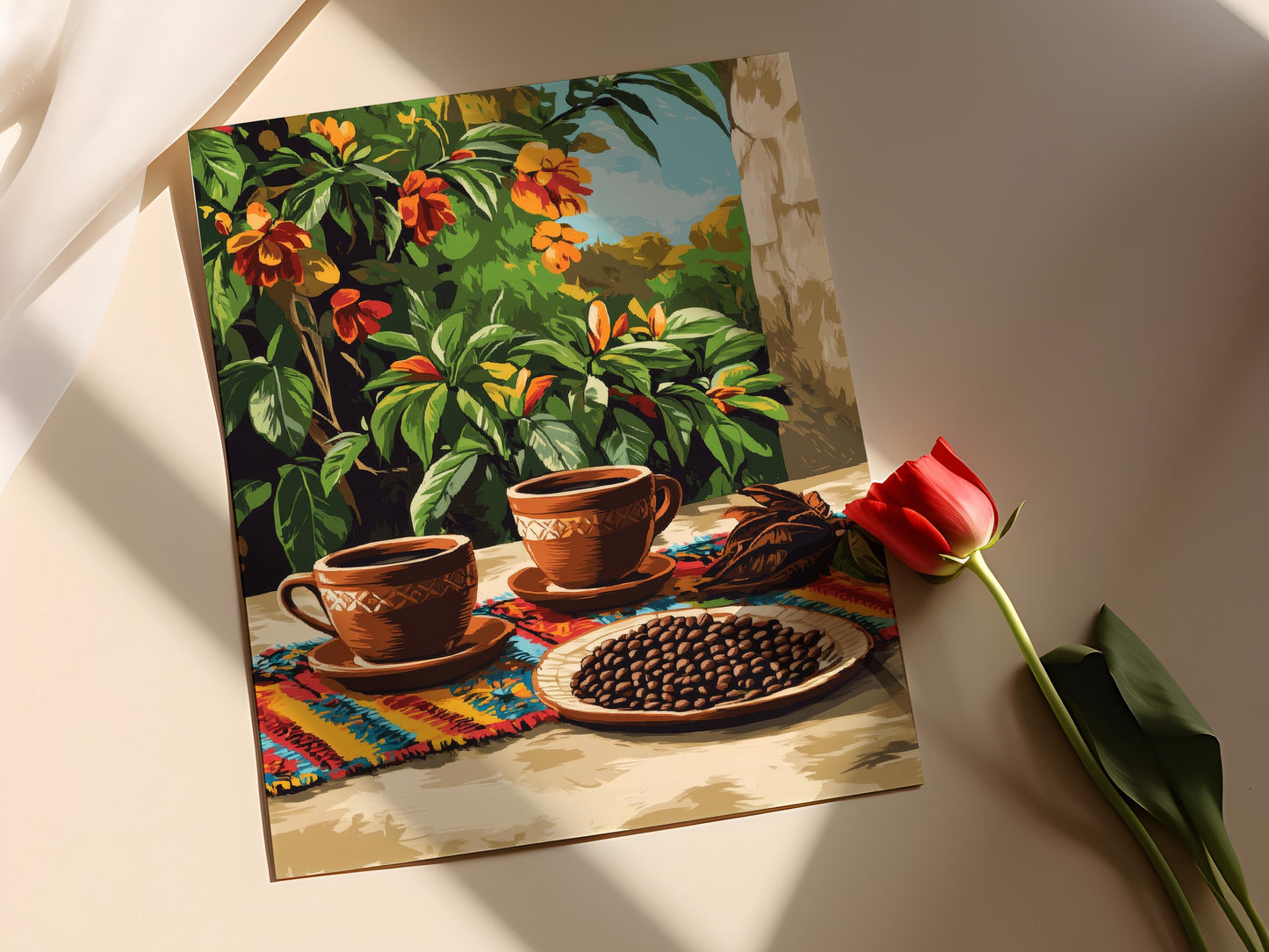 Affiche Café Hondurien – Impression d'Art: Tasses en Argile & Tapis Tissé