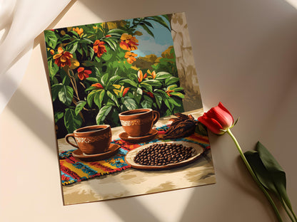 Affiche Café Hondurien – Impression d'Art: Tasses en Argile & Tapis Tissé