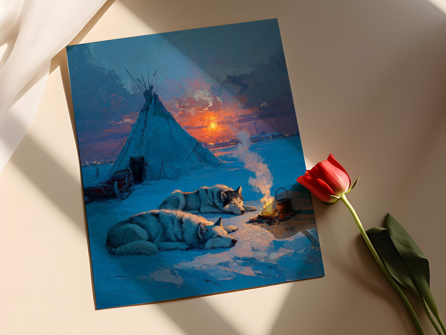 Affiche Chien de Traîneau Inuit – Art de Feu de Camp au Crépuscule Arctique