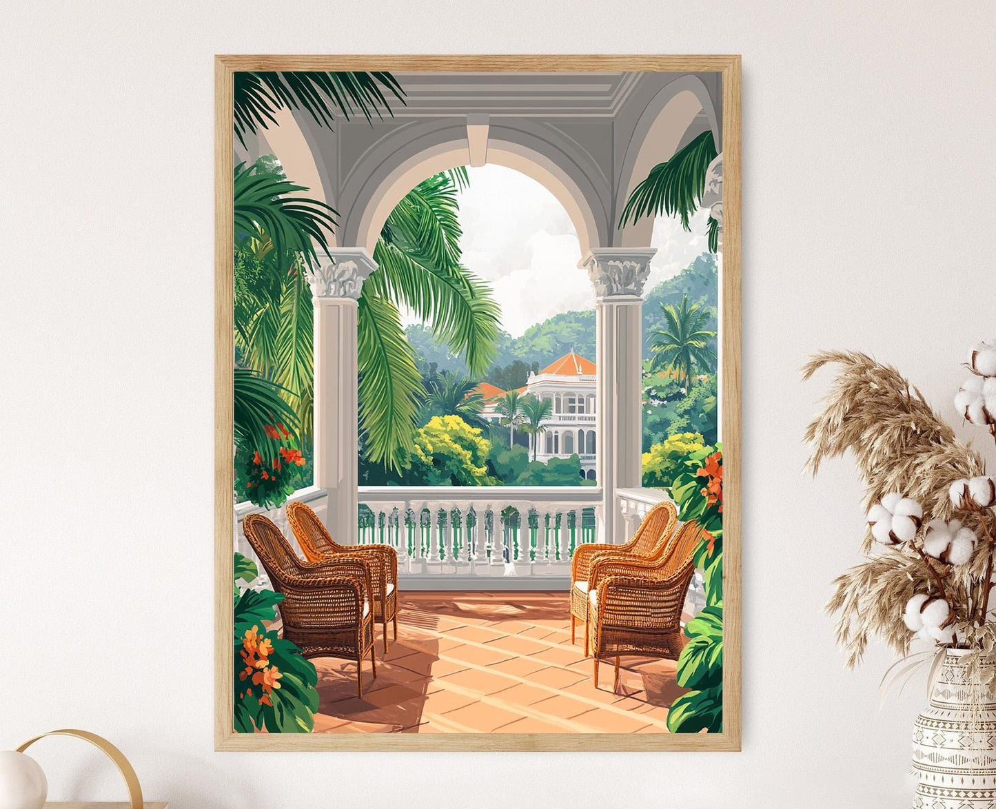 Affiche Raffles Hotel Singapour – Art de la véranda coloniale, peinture de palmier
