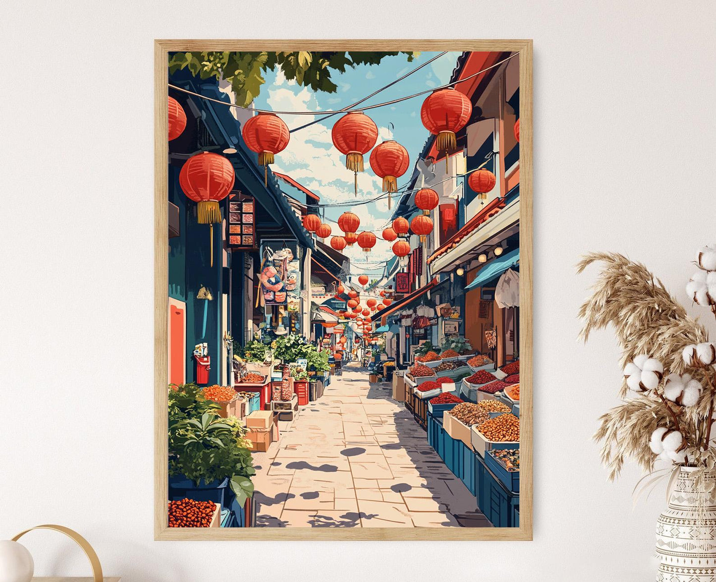 Affiche Singapour Chinatown – Impression d'Art: Lanternes Rouges & Épiceries