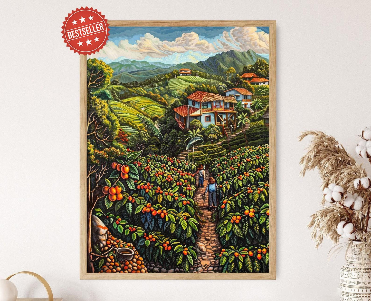 Affiche de Café Costaricain – Impression Art Déco d'une Ferme Tropicale