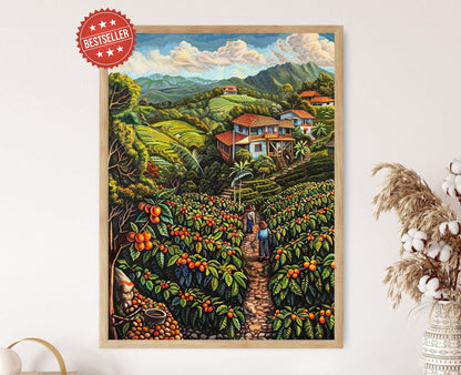 Affiche de Café Costaricain – Impression Art Déco d'une Ferme Tropicale