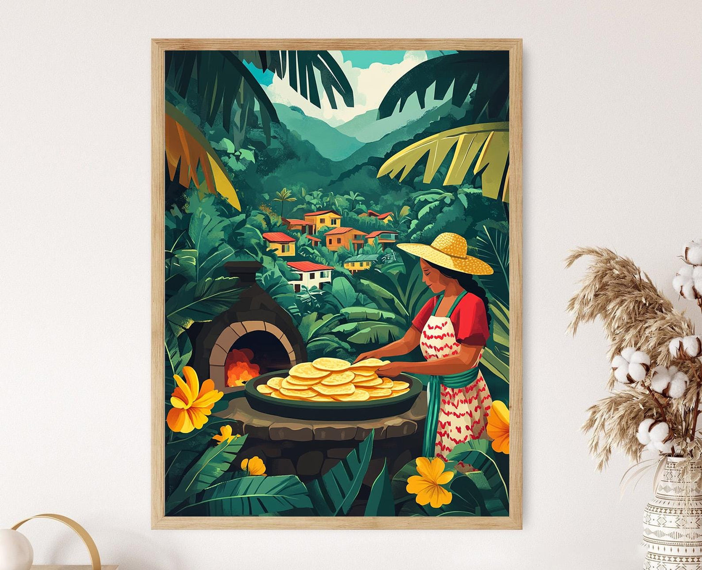 Affiche Femme Costa Ricaine – Illustration d'un Village Tropical