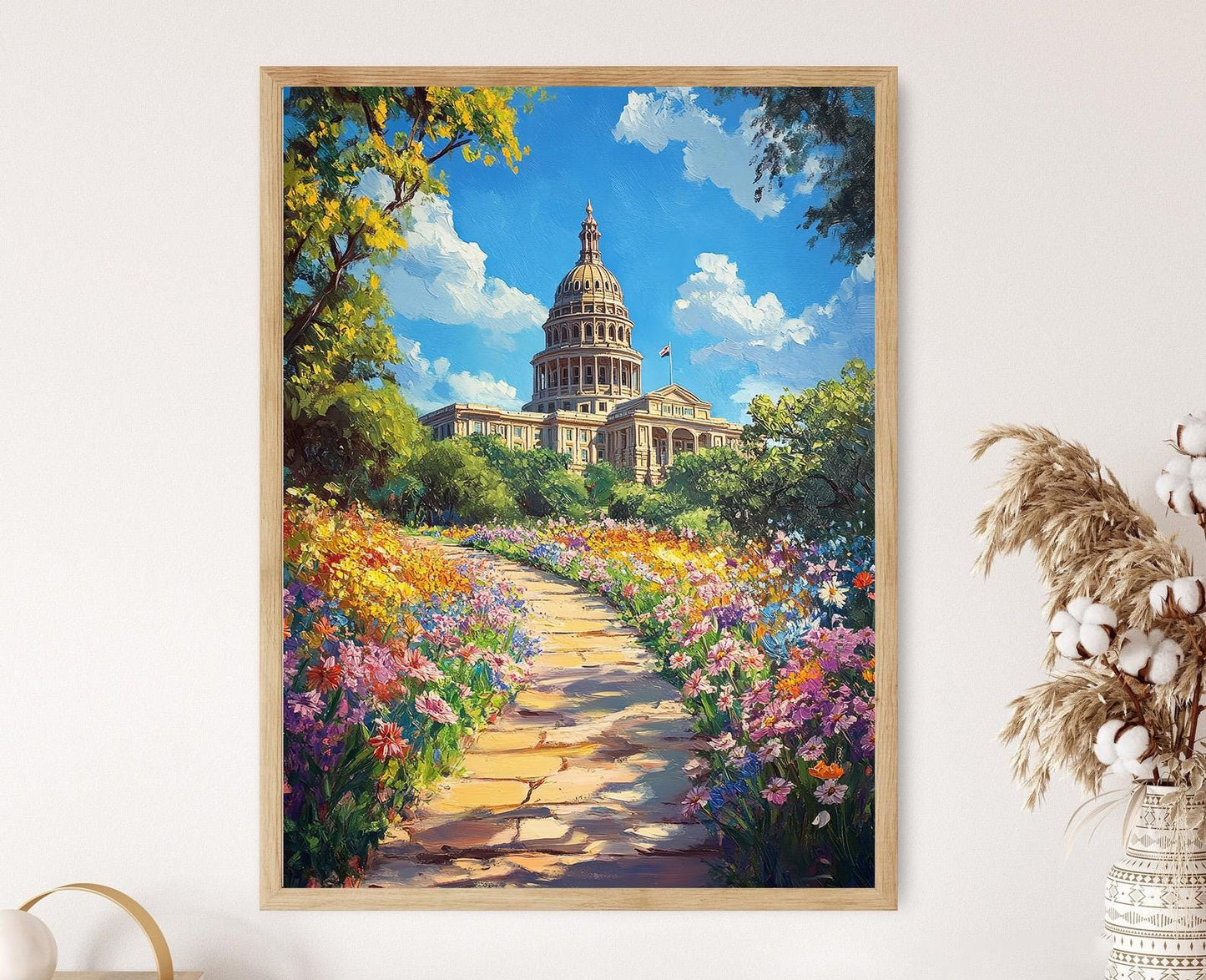 Affiche Texas – Art Print du Capitole de l'État d'Austin avec Fleurs