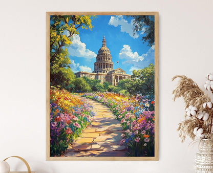 Affiche Texas – Art Print du Capitole de l'État d'Austin avec Fleurs