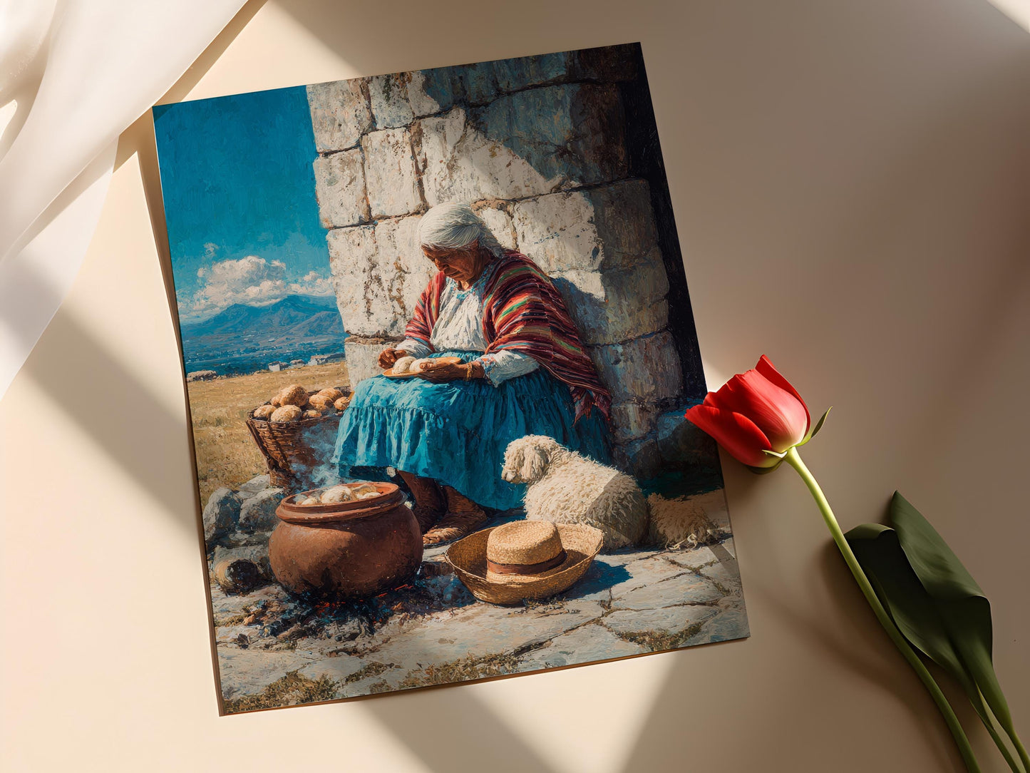 Affiche Quechua Femme Cuisant Pommes de Terre – Poster Village Andin