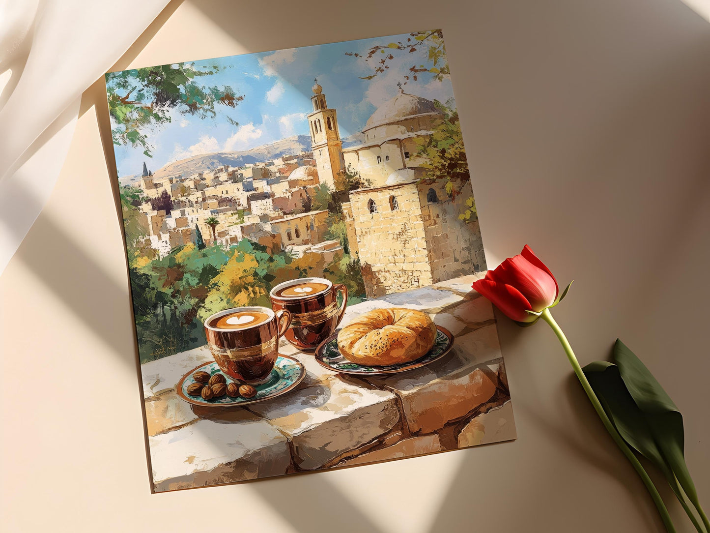 Affiche Café Jordanien sur Balcon de Madaba – Art de la Ville en Mosaïque