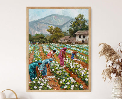 Affiche Village Indien – Poster Art Rurale des Champs de Coton Vibrants