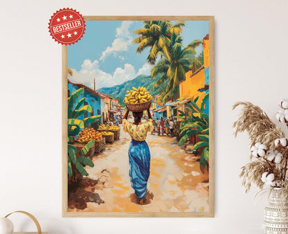 Affiche Marché Haïtien – Poster Femme Caraïbe avec Bananes
