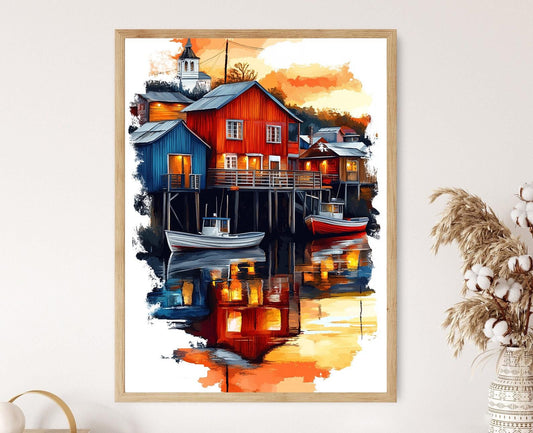 Affiche Chiloé Palafitos – Poster Maisons sur Pilotis au Couché de Soleil