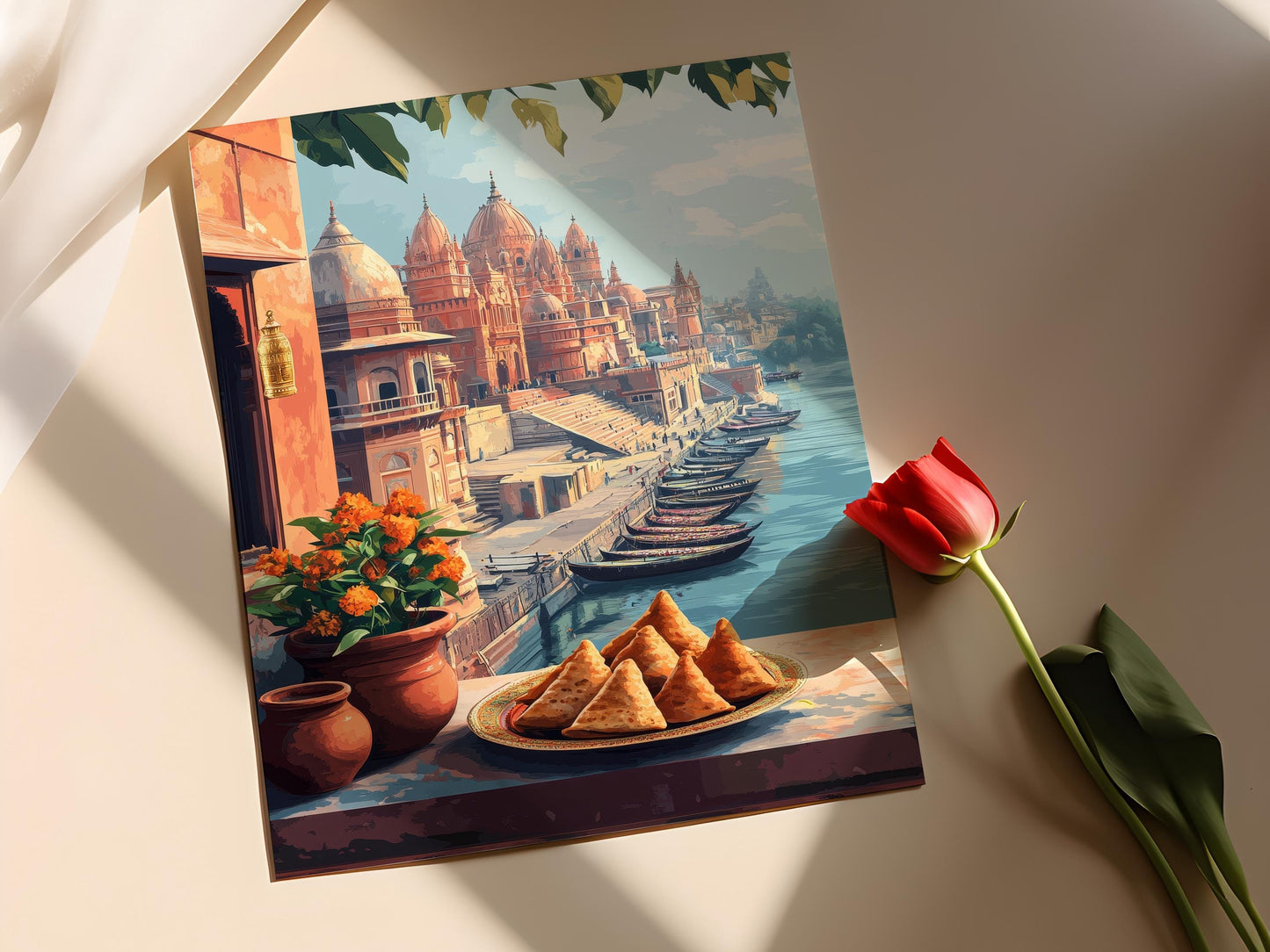Affiche Varanasi – Art Print Petit Déjeuner : Samosa, Tulsi & Cloche en Laiton