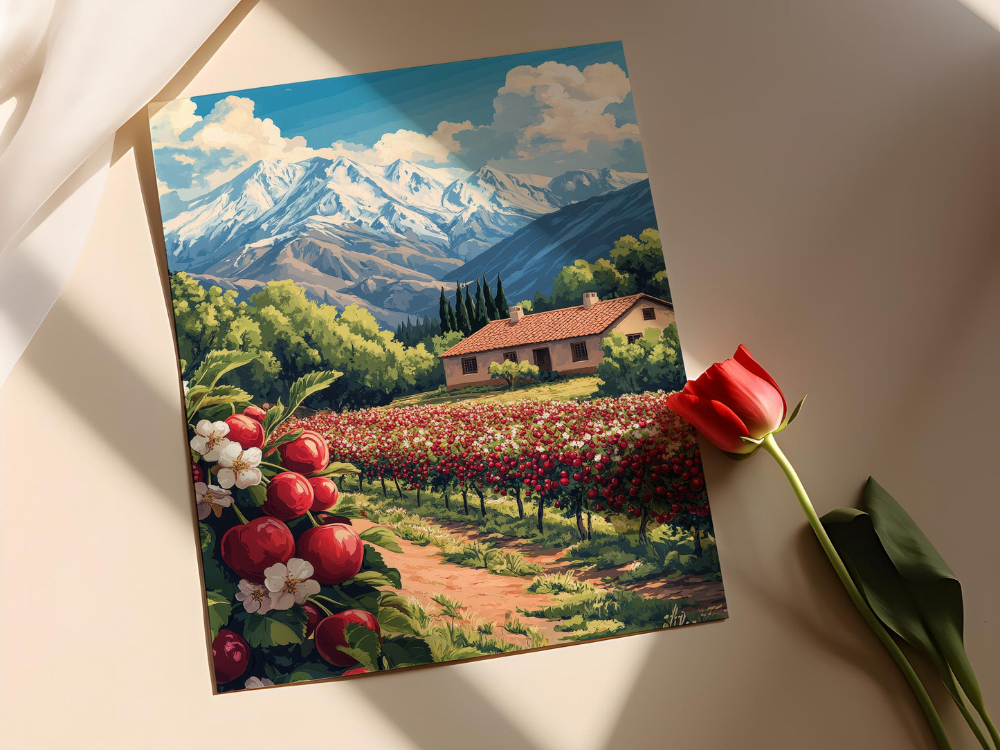 Affiche Verger de Cerisiers – Illustration d'une Ferme Montagnarde Iranienne