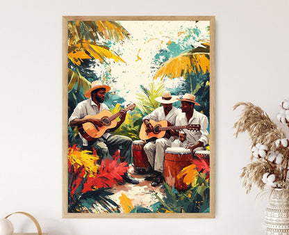 Affiche Musiciens Reggae Jamaïcains – Poster Peinture Folk des Caraïbes