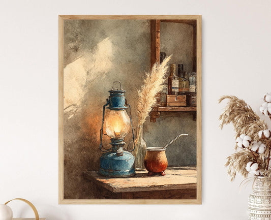 Affiche Art de Lampe Argentinienne – Gourde de Mate & Herbes Pampas