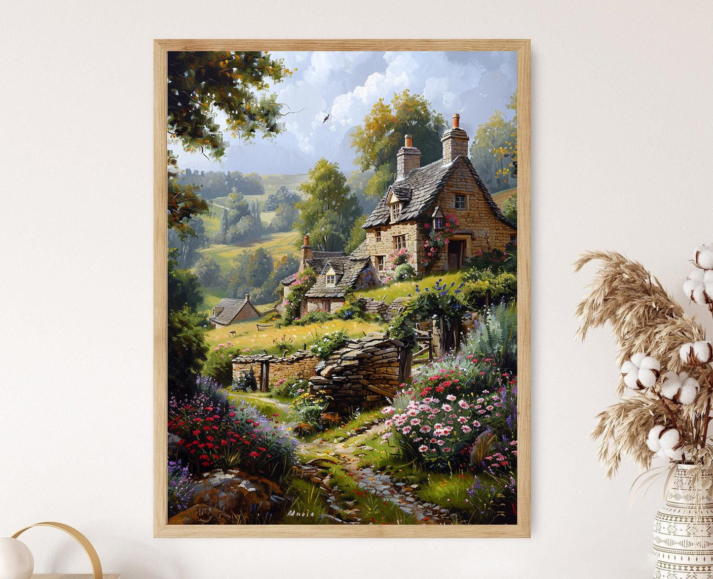 Affiche Cottages en Pierre à Bibury – Peinture du Paysage des Cotswolds